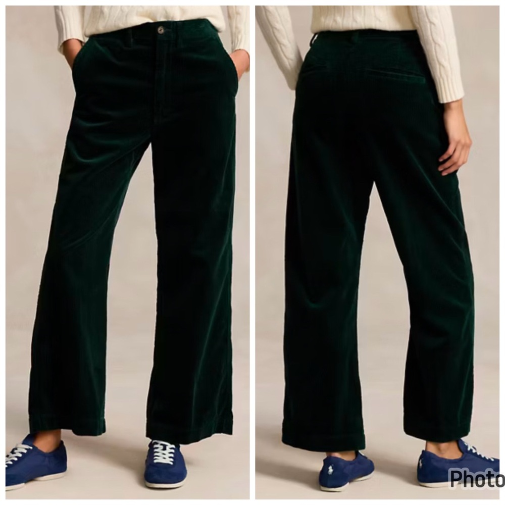 Polo Ralph Lauren Corduroy Wide Leg Cropped Green Pants Size 8 Women's